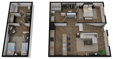 Two images of a room layout with a bed, a couch, a table, and a chair.